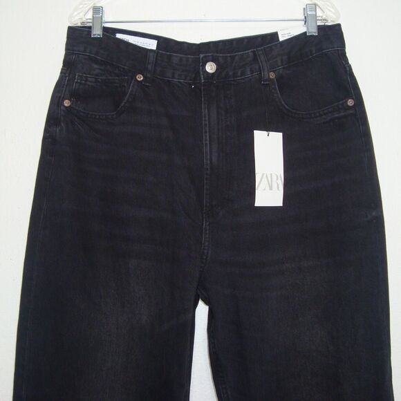 NEW! Zara Womens High Rise Full Length Wide Leg Raw Hem Black Jeans Size 14 - Picture 10 of 12